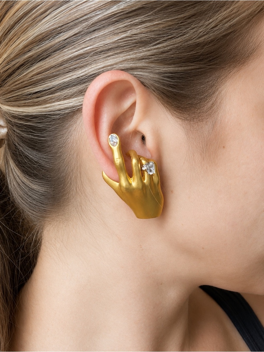 Gold Hand Ear Cuff with Clear Crystal Accents